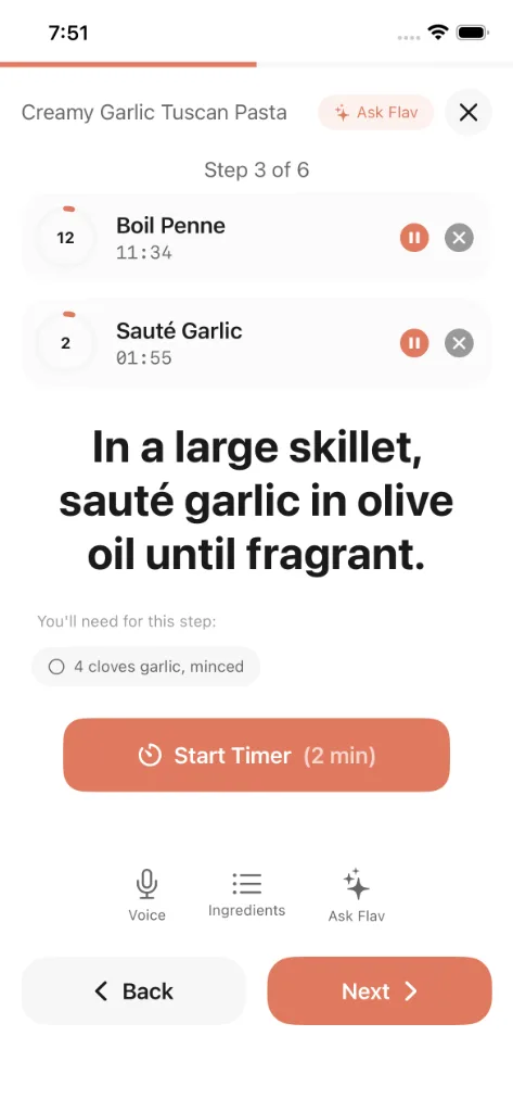 Flav Cook Mode guiding a recipe step-by-step with a built-in timer