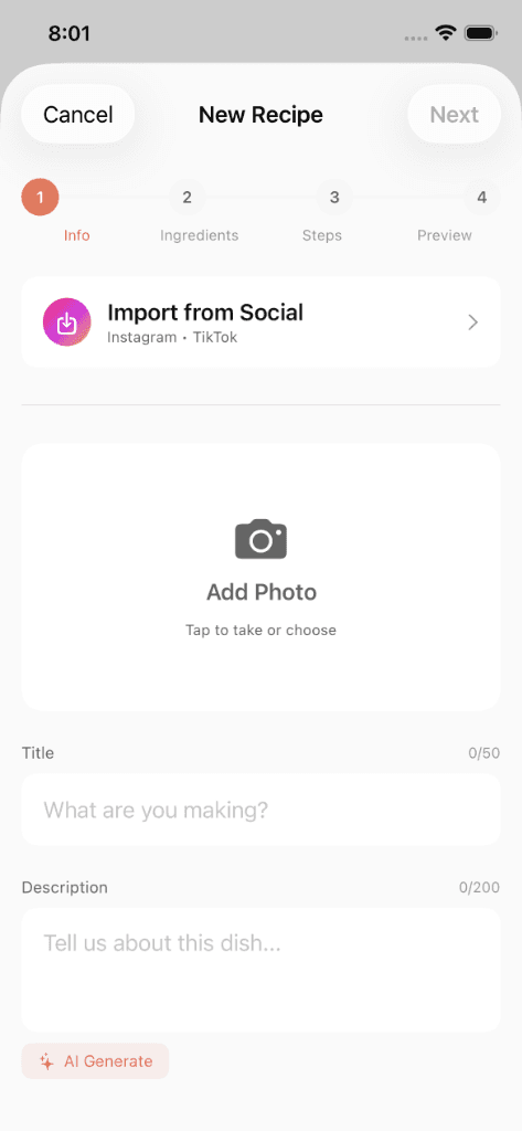 Create recipe screen