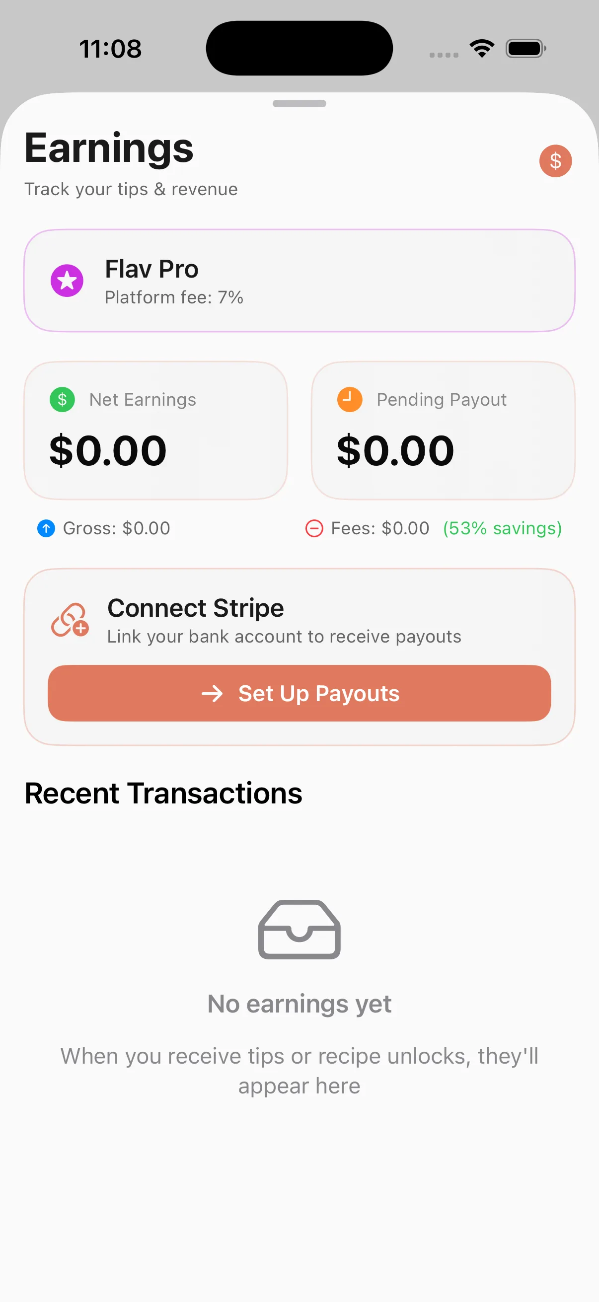 Flav creator earnings dashboard with real-time revenue and payout tracking