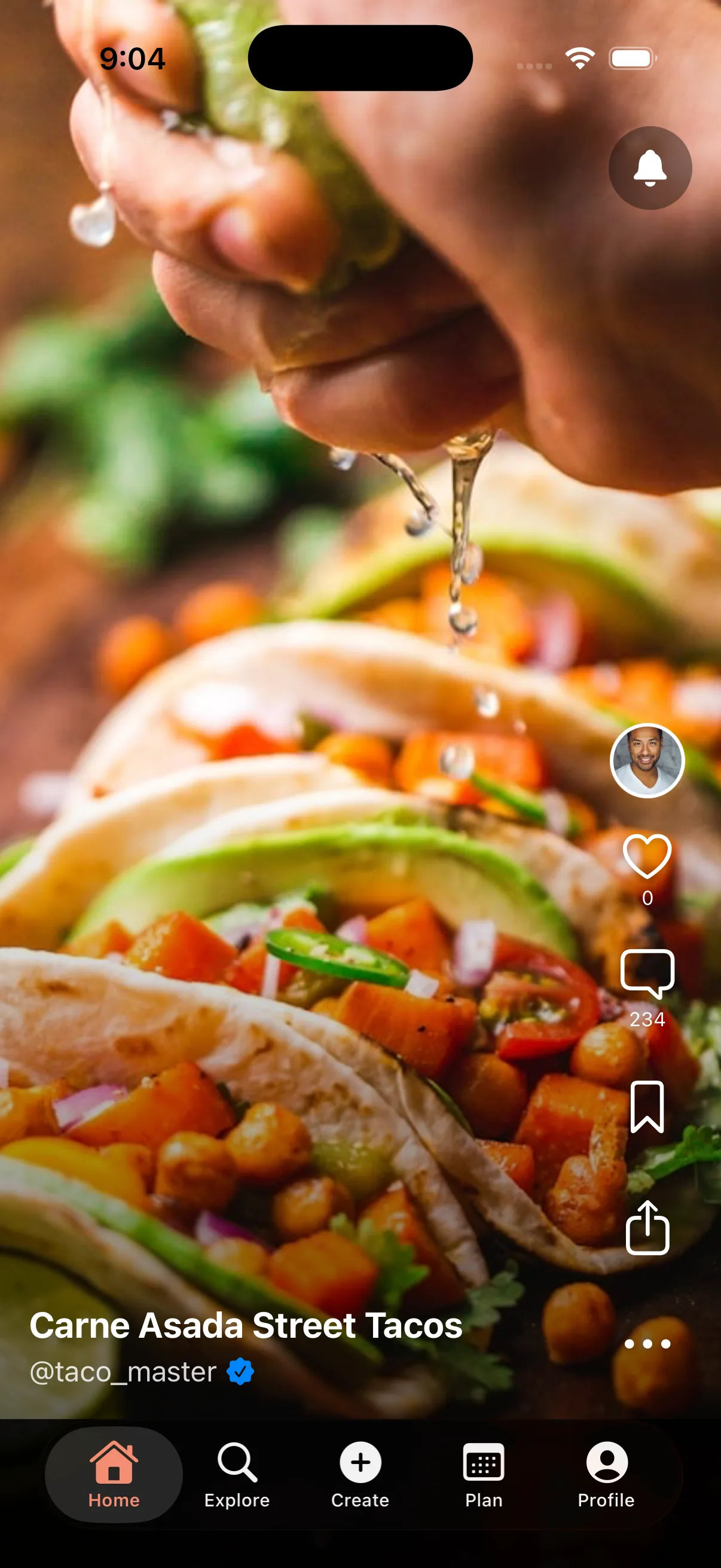 Full-screen in-feed promoted recipe video ad with engagement overlay on Flav