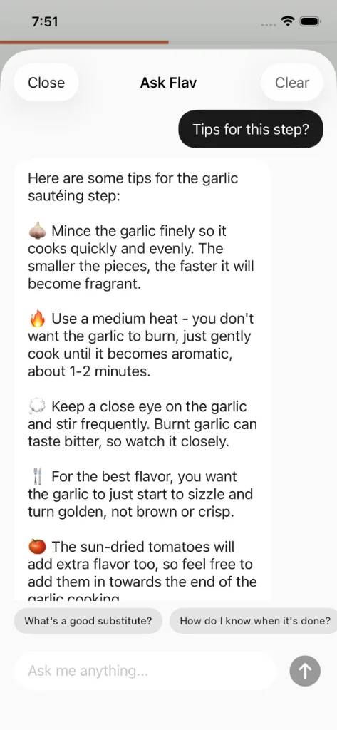 Flav app ask flav ai screenshot showing stuck on a step? get instant tips, substitutions, and answers from our ai cooking assistant