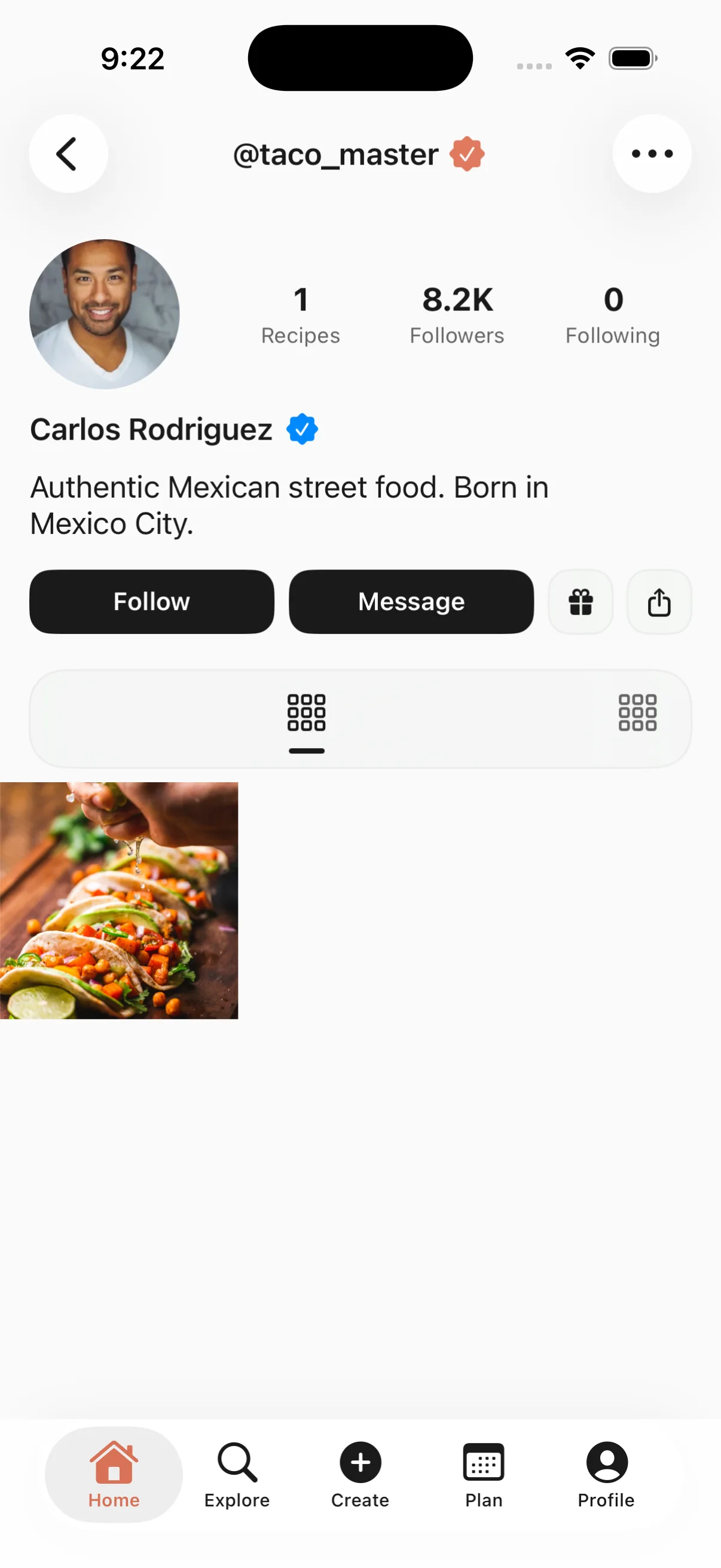 Flav creator profile page showing follower count, recipe videos, and verified badge