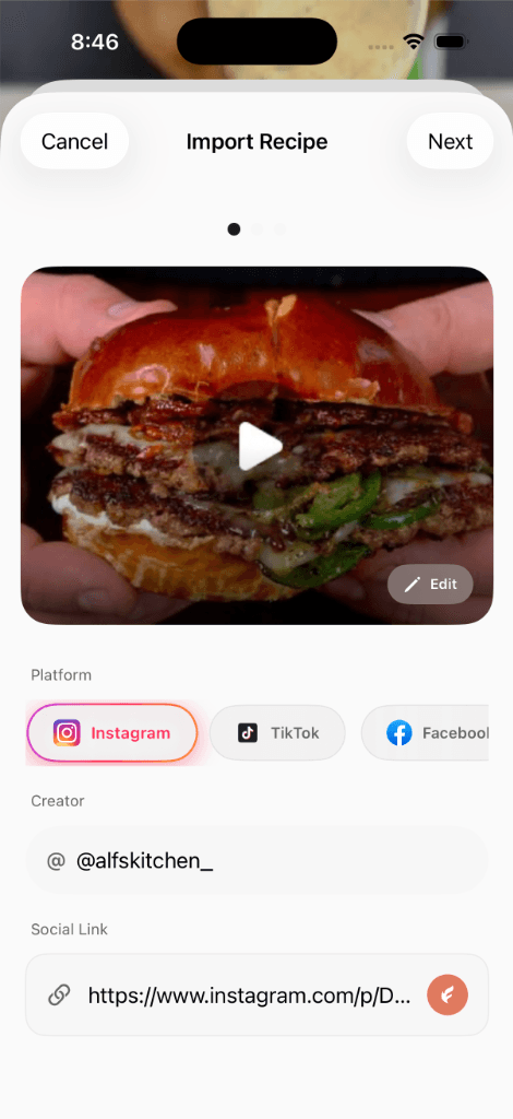 Import recipe from Instagram, TikTok, or Facebook