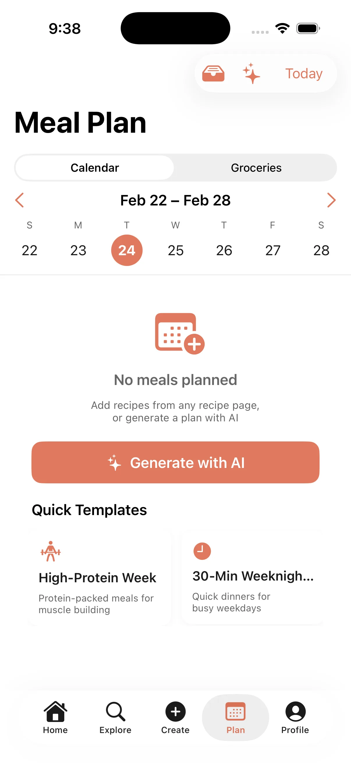 Flav weekly meal plan calendar view with scheduled breakfast, lunch, and dinner recipes