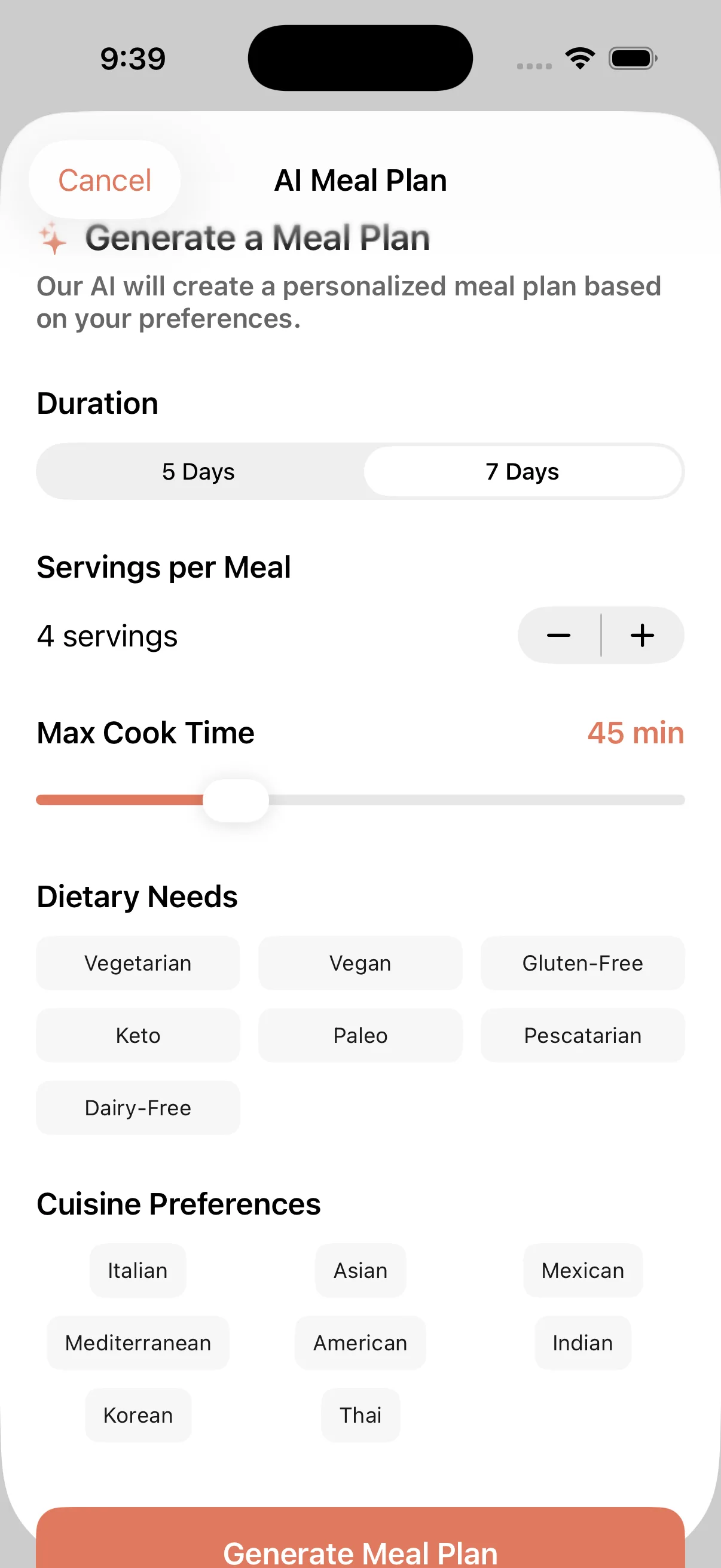 Flav AI generating a personalized weekly meal plan based on dietary preferences